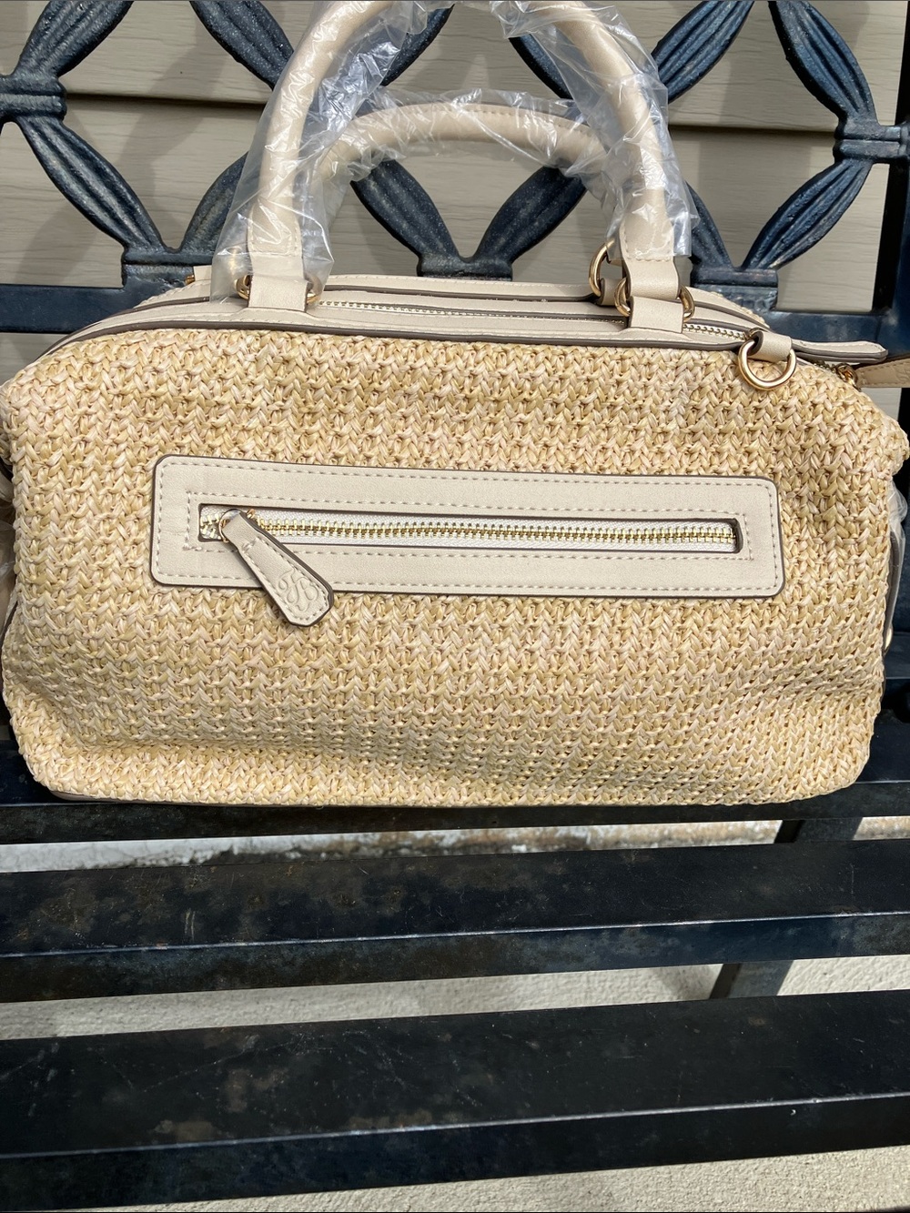Tommy Bahama Cream-Trim Straw Satchel with Flamingo Embroidery - Picture 2 of 6